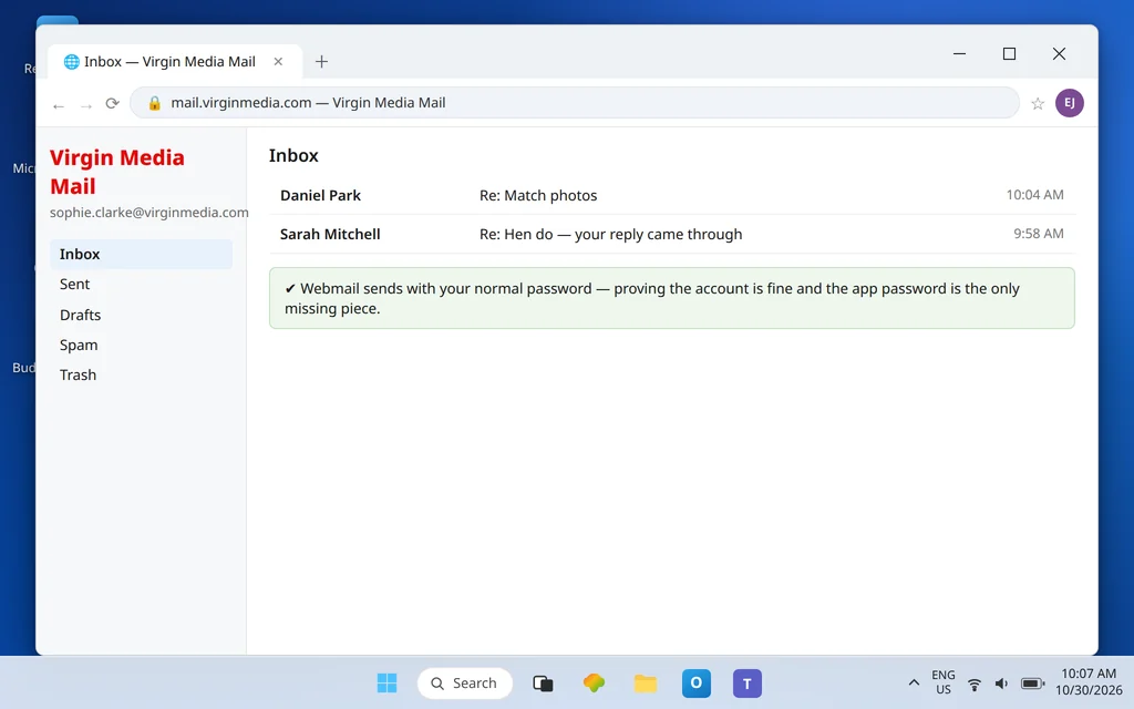 Virgin Media webmail used to confirm the account itself can send while Outlook is fixed with the app password