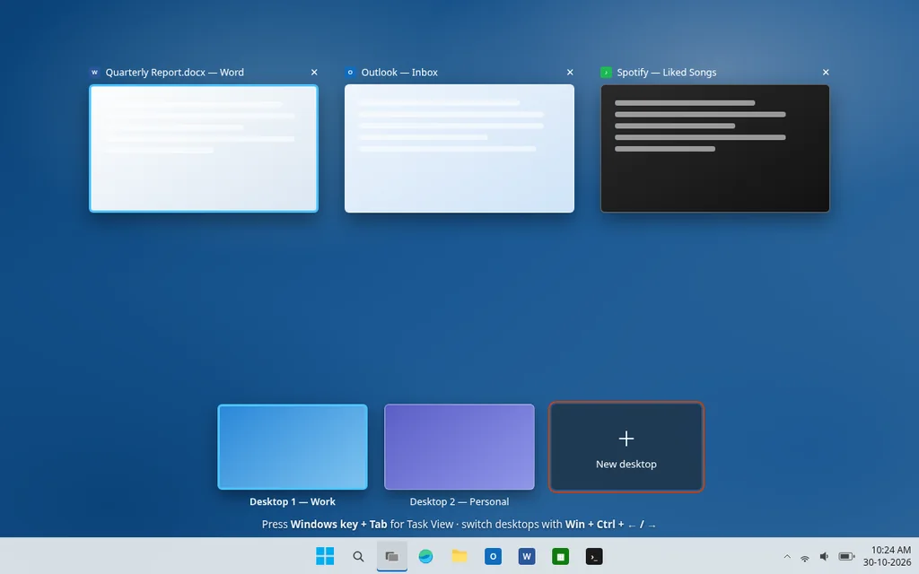 Task View in Windows 11 showing two virtual desktops and the New desktop button