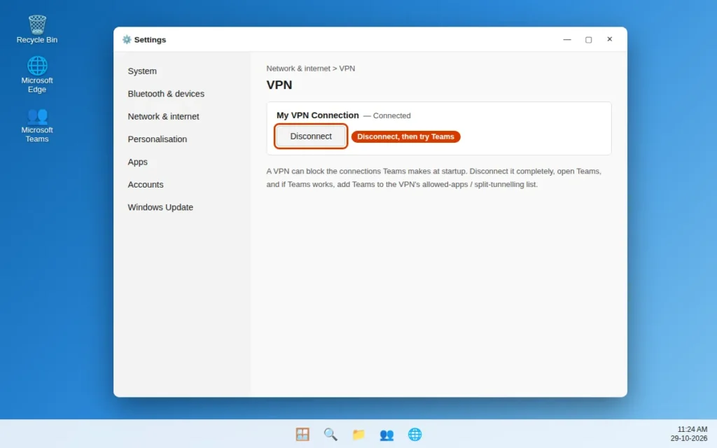 Disconnect VPN in Windows 11 Network settings to test Teams not opening