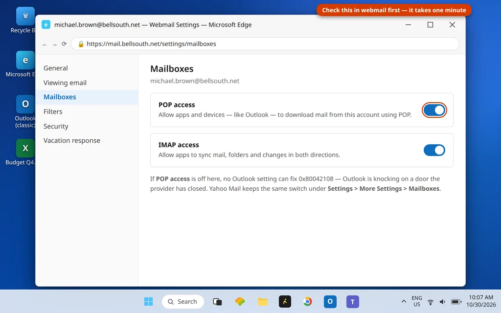 Provider webmail mailbox settings with POP access switched on for Outlook