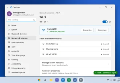 WiFi connected and secured in Windows 11 Settings showing the connected network