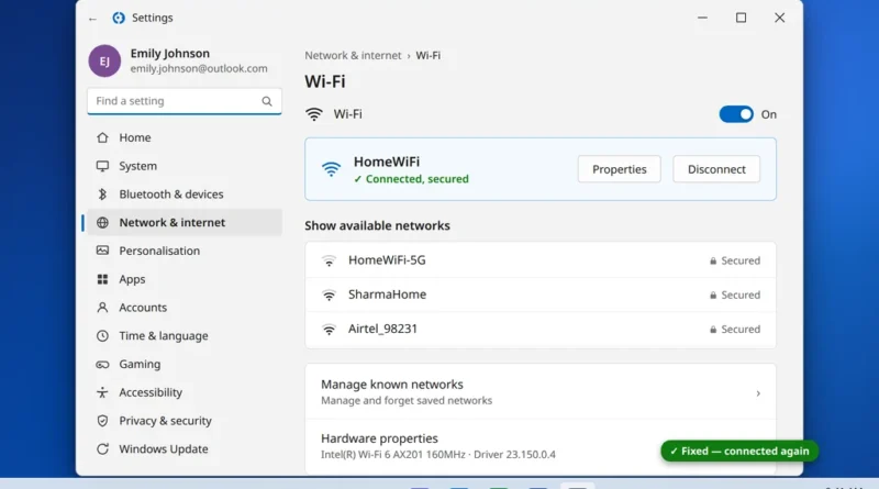 WiFi connected and secured in Windows 11 Settings showing the connected network