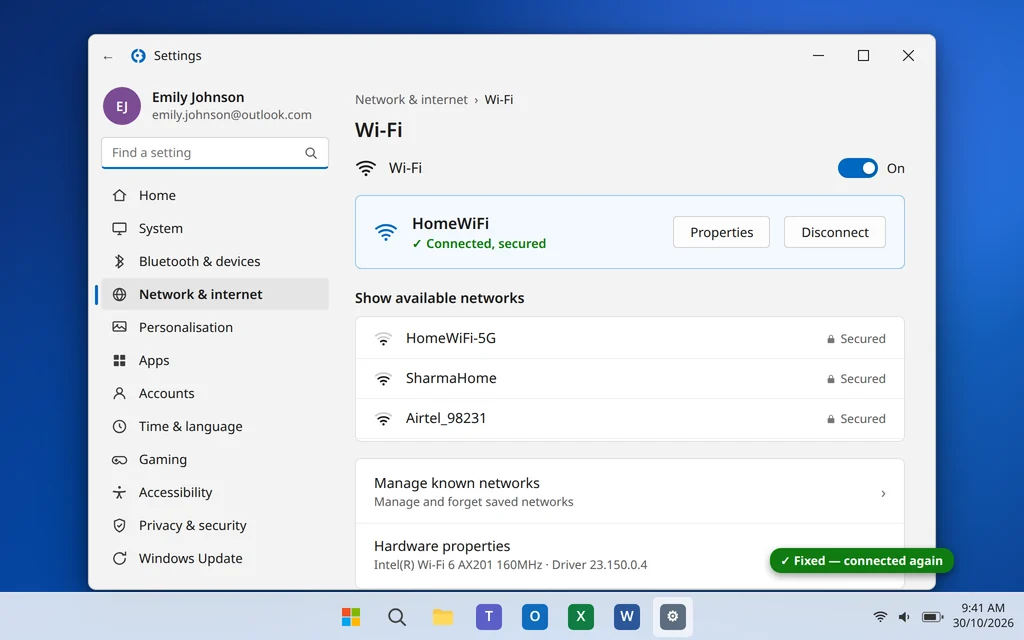WiFi connected and secured in Windows 11 Settings showing the connected network