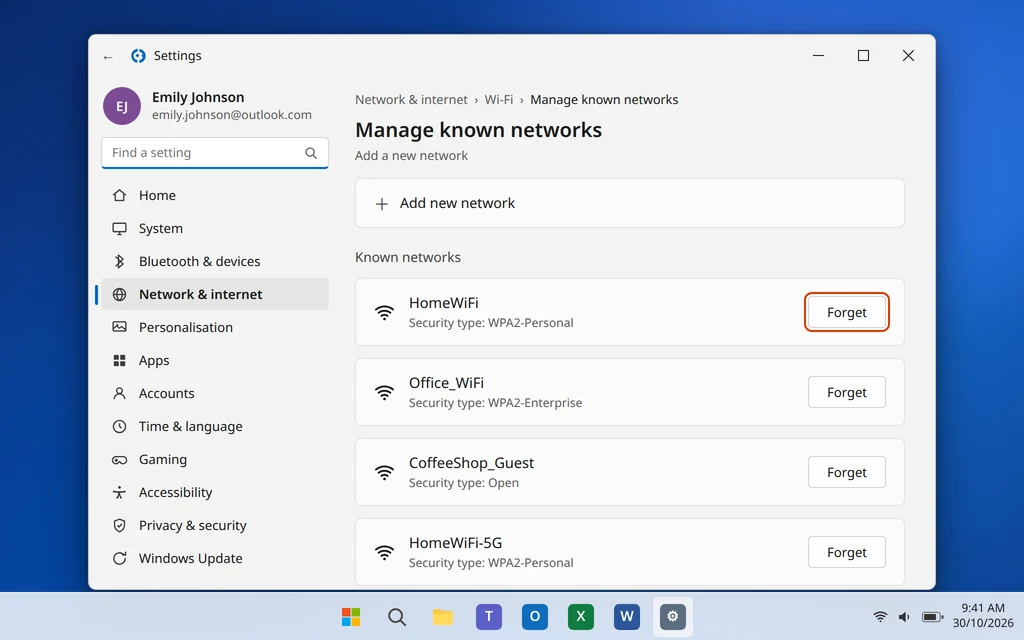 Forget a saved WiFi network in Windows 11 Manage known networks settings