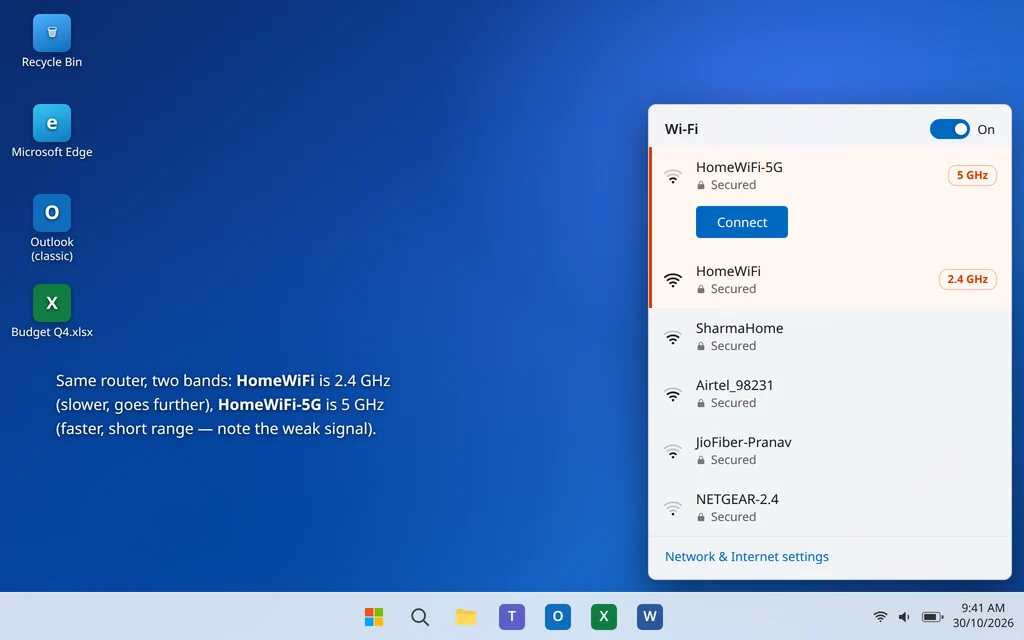 WiFi network list in Windows 11 showing 2.4 GHz and 5 GHz networks from the same router