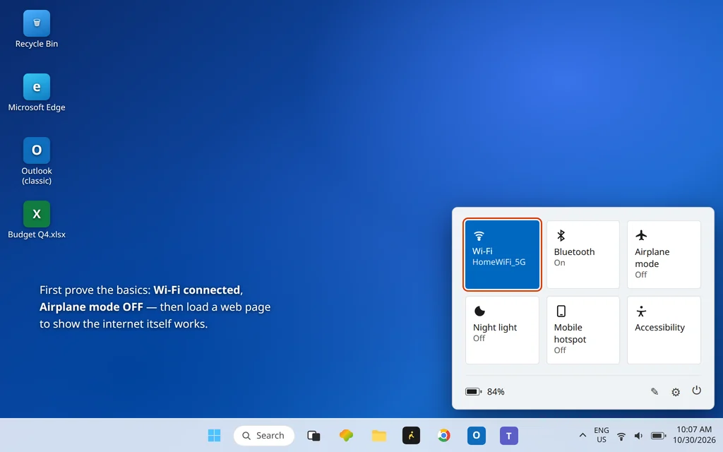 Windows 11 Quick Settings showing Wi-Fi connected and Airplane mode off