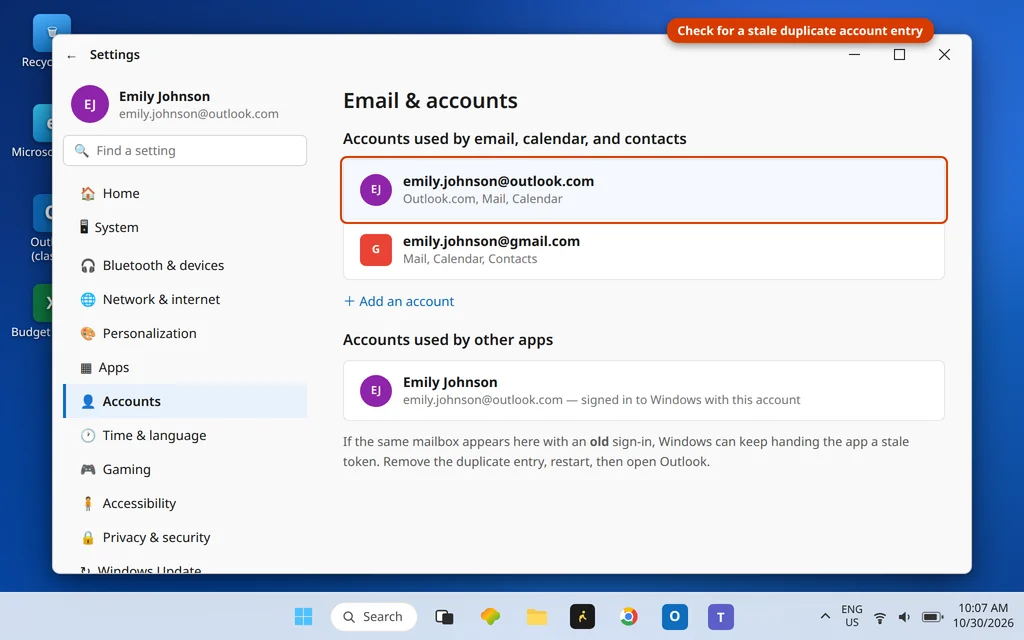 Windows Settings Accounts Email and accounts showing the saved account entries