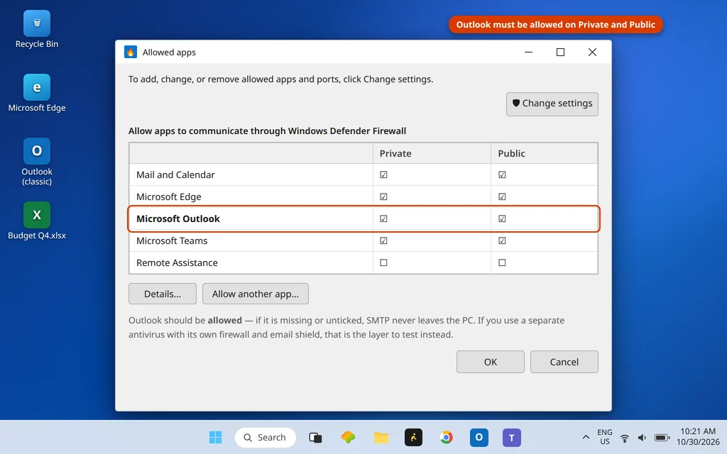 Windows Defender Firewall allowed apps list with Microsoft Outlook allowed, checked while ruling out security software delays