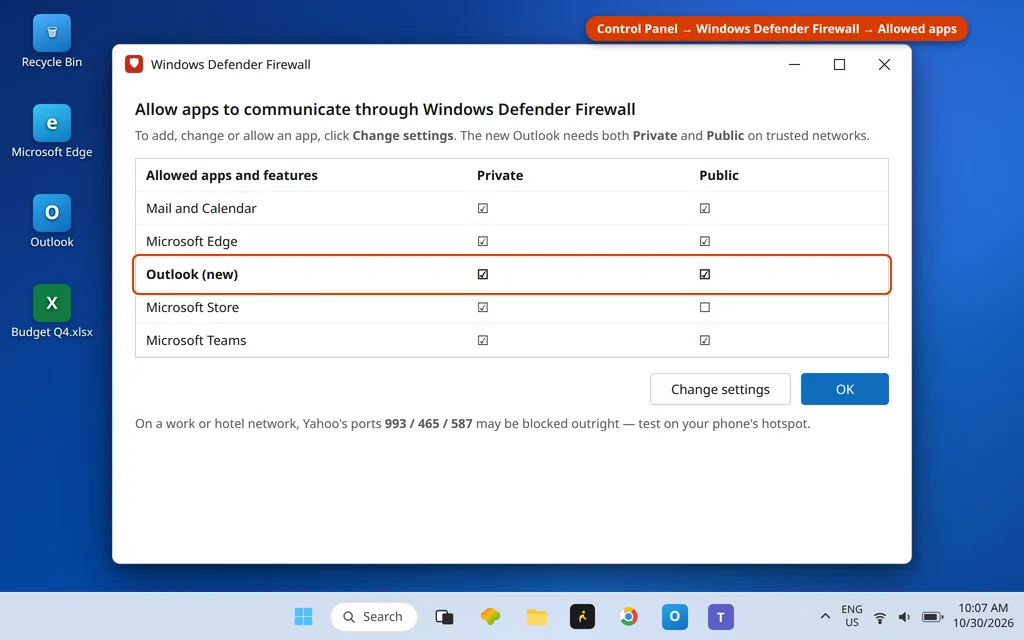Windows Defender Firewall allowed apps list with Outlook allowed on Private and Public networks