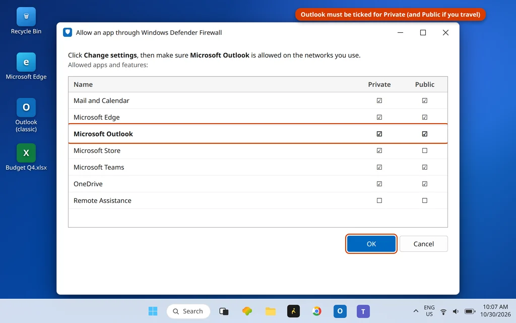 Windows Defender Firewall allowed apps list with Microsoft Outlook allowed on Private and Public networks