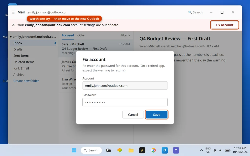 Mail app Fix account dialog asking to re-enter the account password