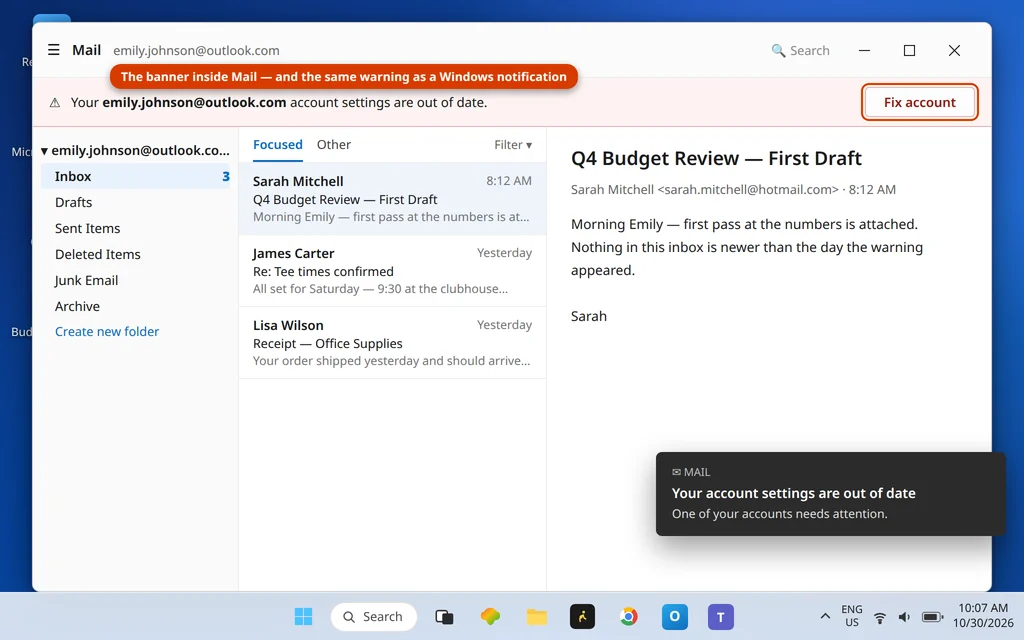 Windows Mail app showing the Your account settings are out of date banner with the Fix account button