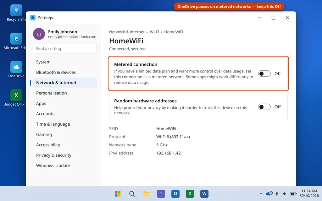 Turn off Metered connection in Windows 11 Wi-Fi network settings so OneDrive can sync
