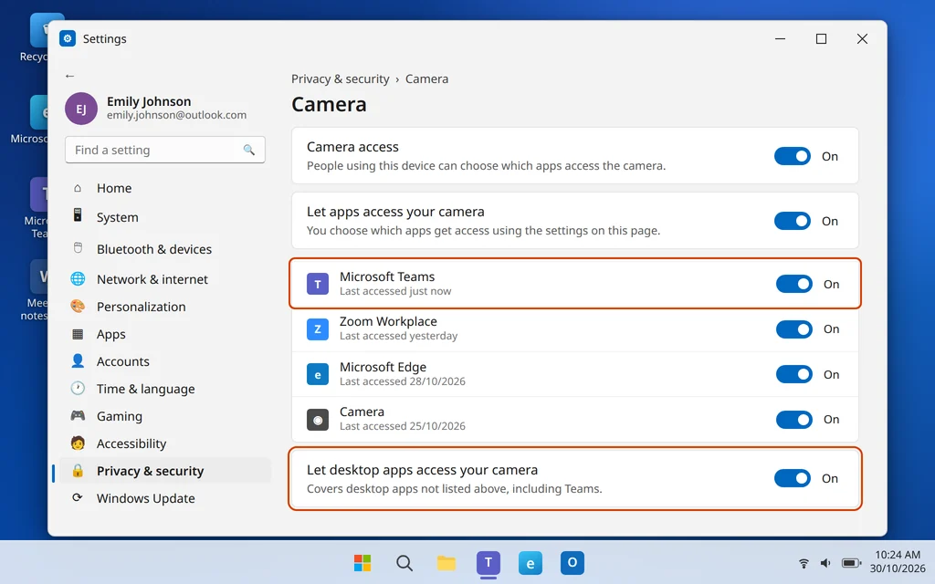 Windows 11 Privacy and security Camera access settings with Microsoft Teams allowed