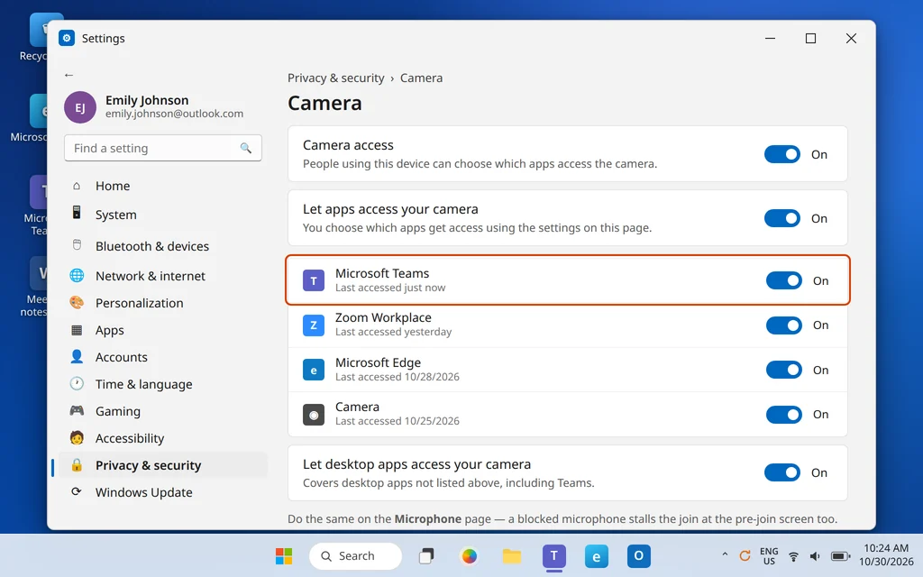 Windows 11 Camera privacy settings with access allowed for Microsoft Teams