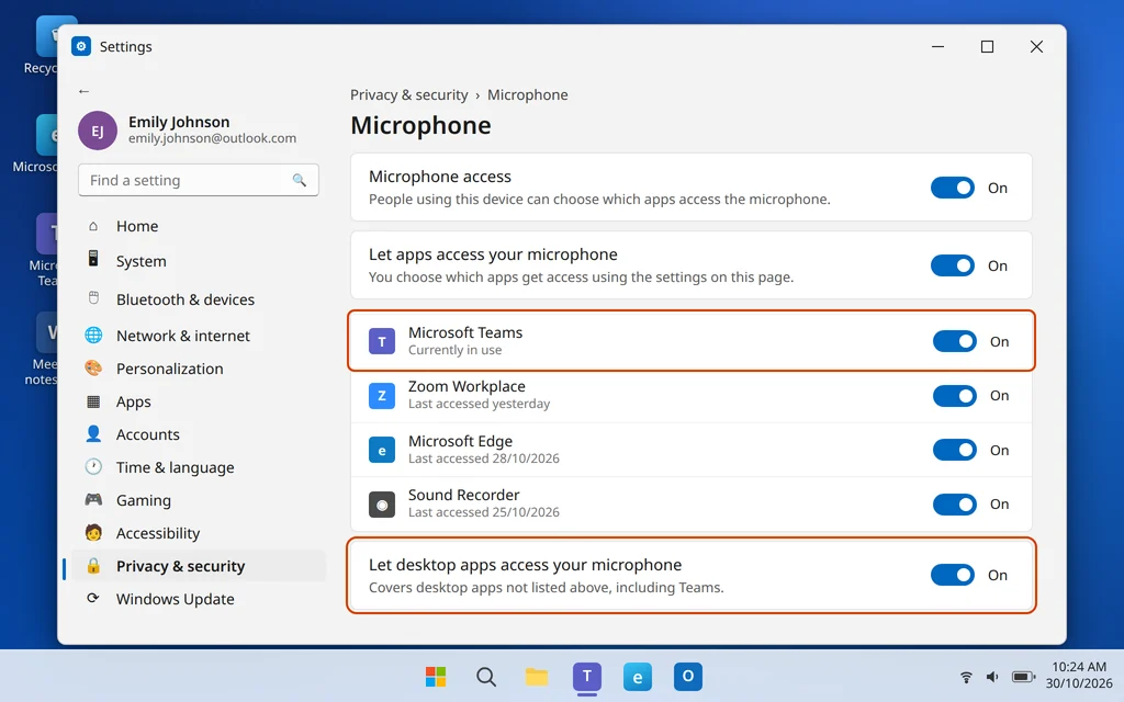 Windows 11 Privacy and security Microphone access settings with Microsoft Teams allowed