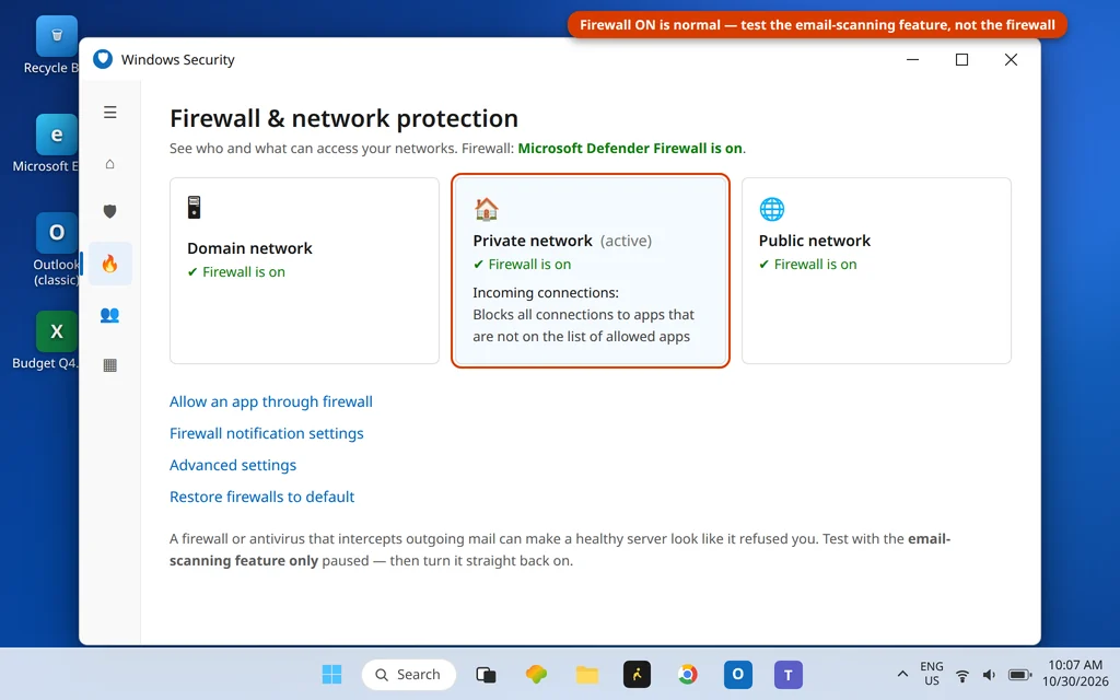 Windows Security Firewall and network protection page with the firewall on for all networks