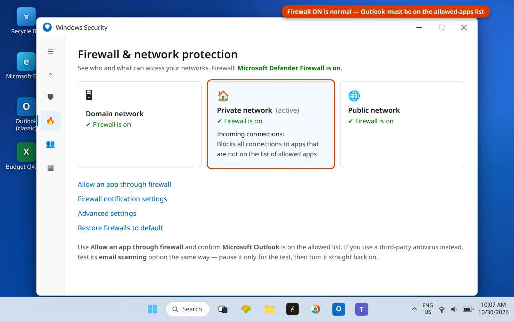 Windows Security Firewall and network protection page showing the firewall on for all networks