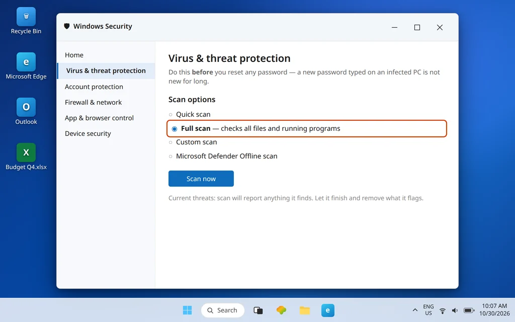 Windows Security Virus and threat protection screen with Full scan selected before resetting any passwords