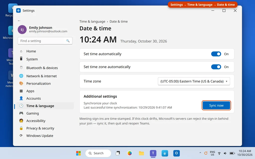 Windows 11 Date and time settings with the Sync now button