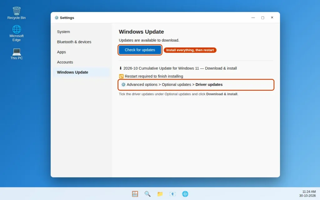Check for updates and optional driver updates in Windows Update on Windows 11
