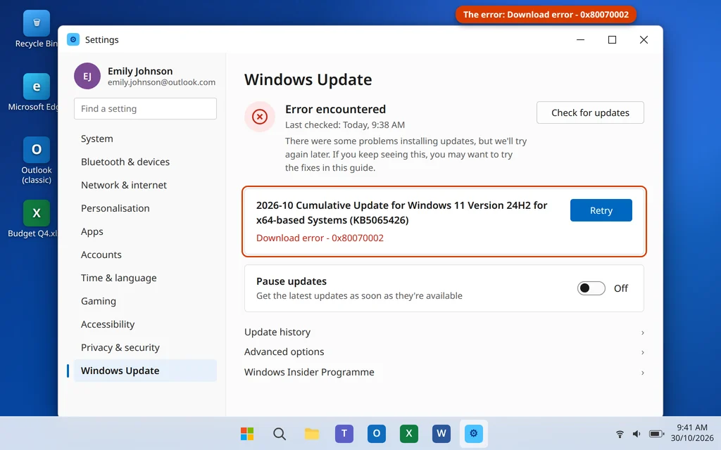Windows Update error 0x80070002 shown next to a failed update in Windows 11 Settings