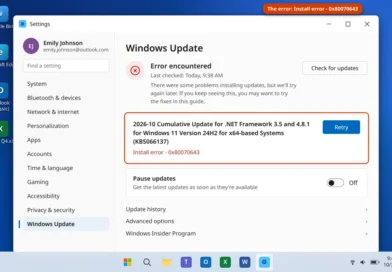 Windows Update error 0x80070643 shown as an install error next to a failed update in Windows 11 Settings