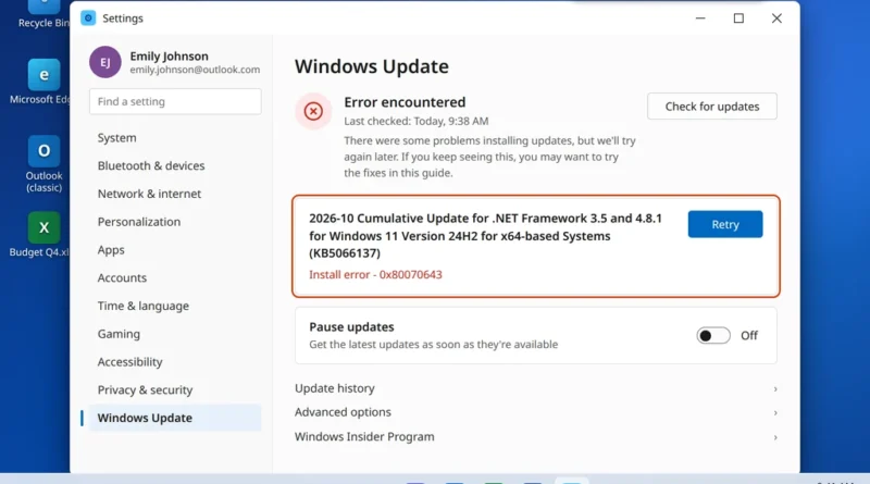 Windows Update error 0x80070643 shown as an install error next to a failed update in Windows 11 Settings