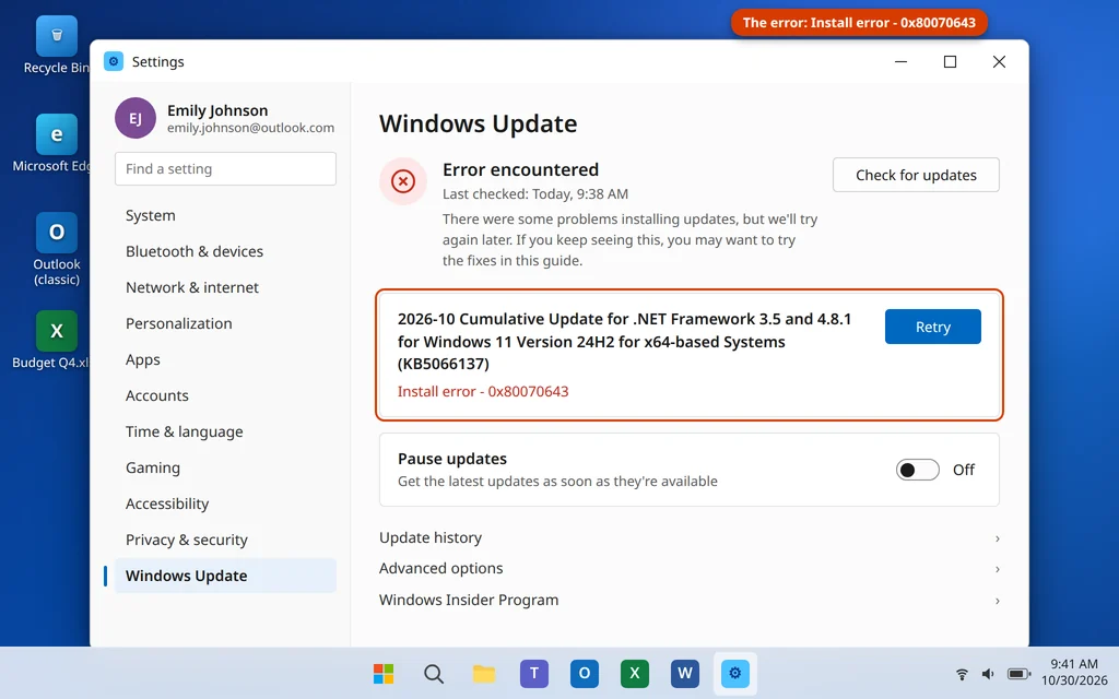 Windows Update error 0x80070643 shown as an install error next to a failed update in Windows 11 Settings