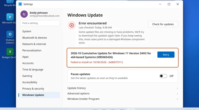 Windows Update error 0x80073712 shown next to a failed cumulative update in Windows 11 Settings