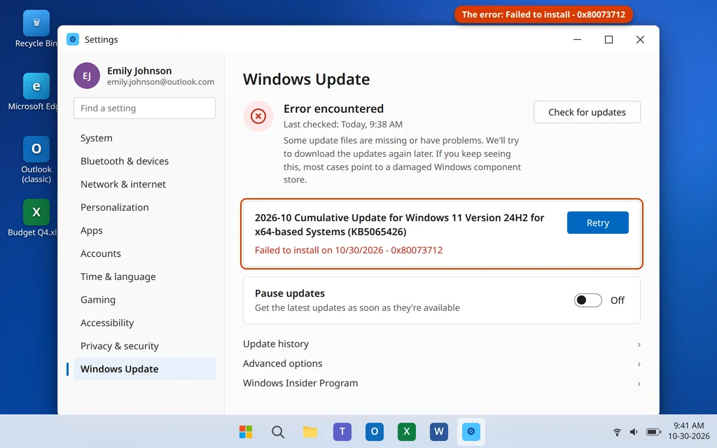 Windows Update error 0x80073712 shown next to a failed cumulative update in Windows 11 Settings
