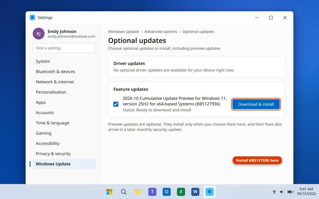 Installing the KB5127936 optional update from Settings - Windows Update - Advanced options - Optional updates on Windows 11