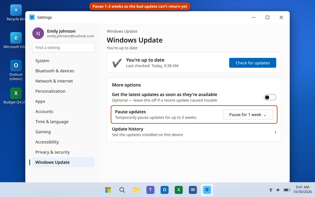 Pause updates option in Windows Update settings to stop a bad update reinstalling for one week
