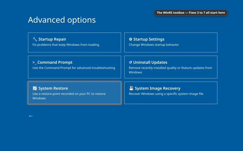The Advanced options menu in Windows Recovery Environment with Startup Repair, System Restore, Uninstall Updates and Command Prompt
