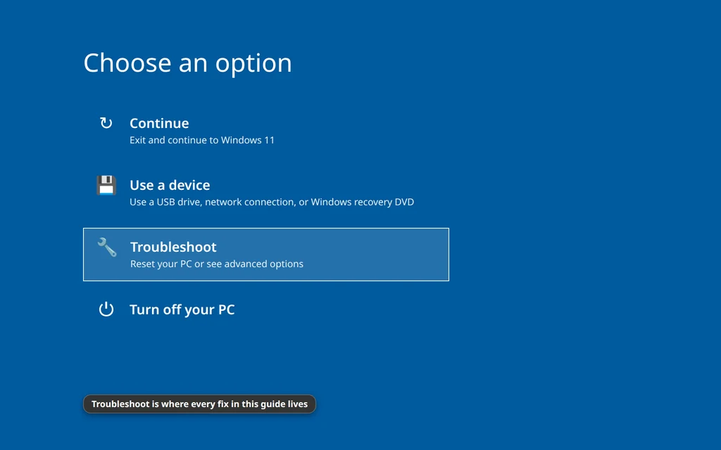 The Windows Recovery Environment Choose an option screen with Troubleshoot highlighted