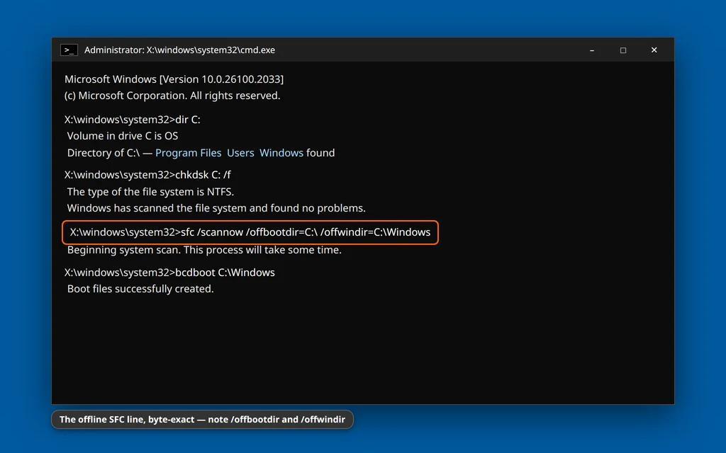 Command Prompt in Windows Recovery Environment running chkdsk and the offline sfc scannow command with offbootdir and offwindir