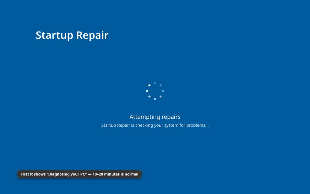 Startup Repair in Windows 11 showing Diagnosing your PC and Attempting repairs