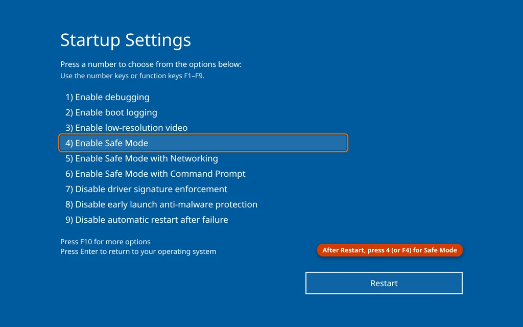 The Startup Settings list in Windows Recovery Environment with Enable Safe Mode as option 4