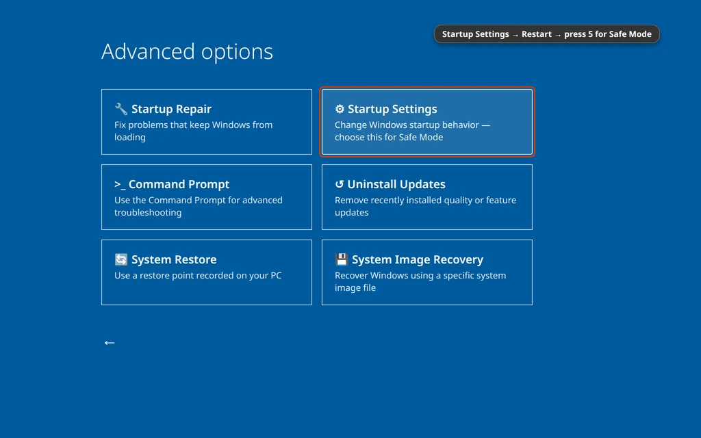 Windows Recovery Environment advanced options on the way to Safe Mode in Windows 11