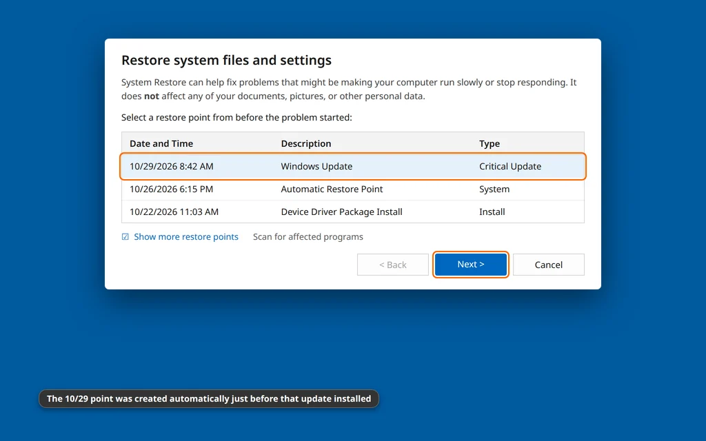 System Restore in Windows 11 showing a list of restore points to choose from