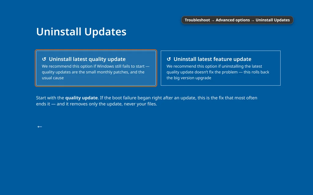 The Uninstall Updates screen in Windows Recovery Environment with Uninstall latest quality update and Uninstall latest feature update