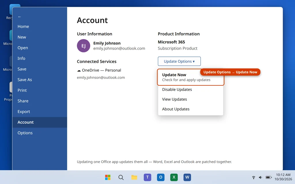 Update Options and Update Now in Word File Account page to update Office