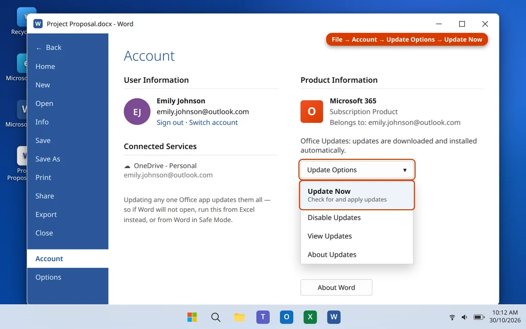 Update Options and Update Now in Word File Account page to update Office