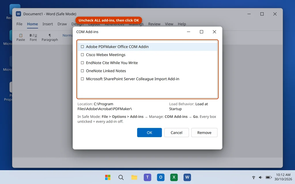 COM Add-ins dialog in Word with all add-ins unchecked in Safe Mode