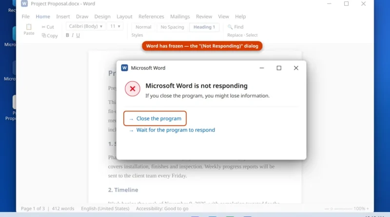 Microsoft Word is not responding dialog on Windows 11 with Close the program and Wait options