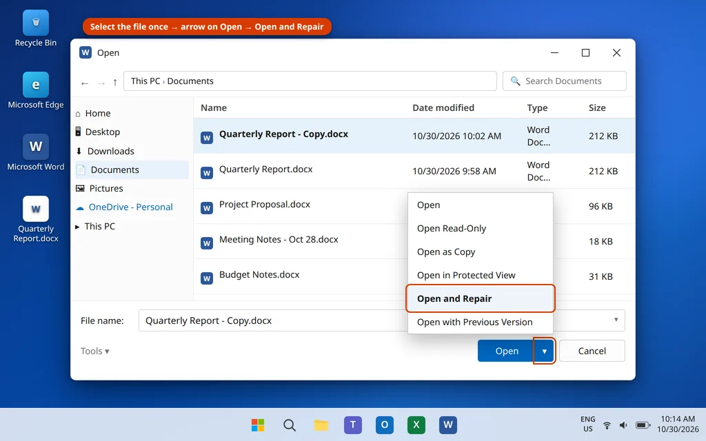 The Open and Repair option in the dropdown next to the Open button in Word's Open dialog
