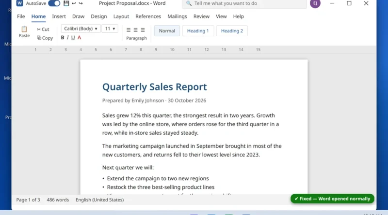 Microsoft Word opened normally showing a document after the fixes