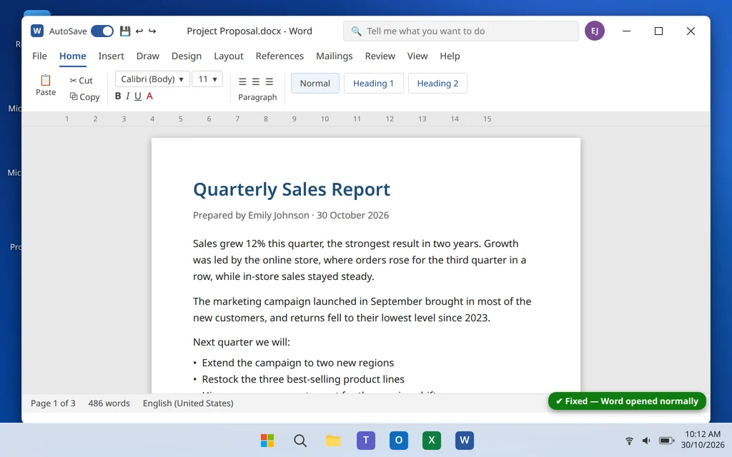 Microsoft Word opened normally showing a document after the fixes