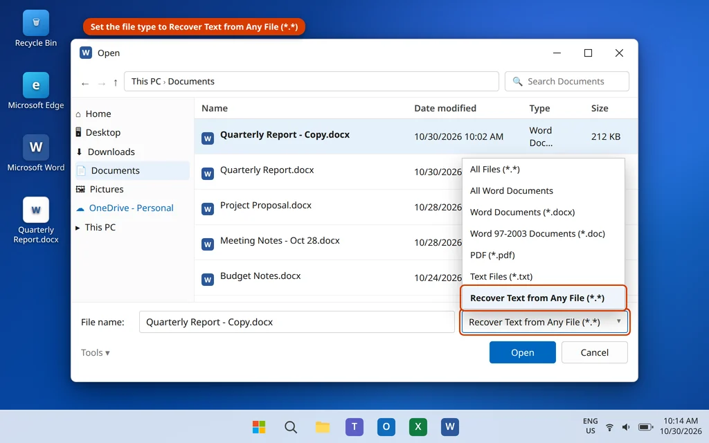 The file type dropdown in Word's Open dialog set to Recover Text from Any File to recover a corrupt Word document