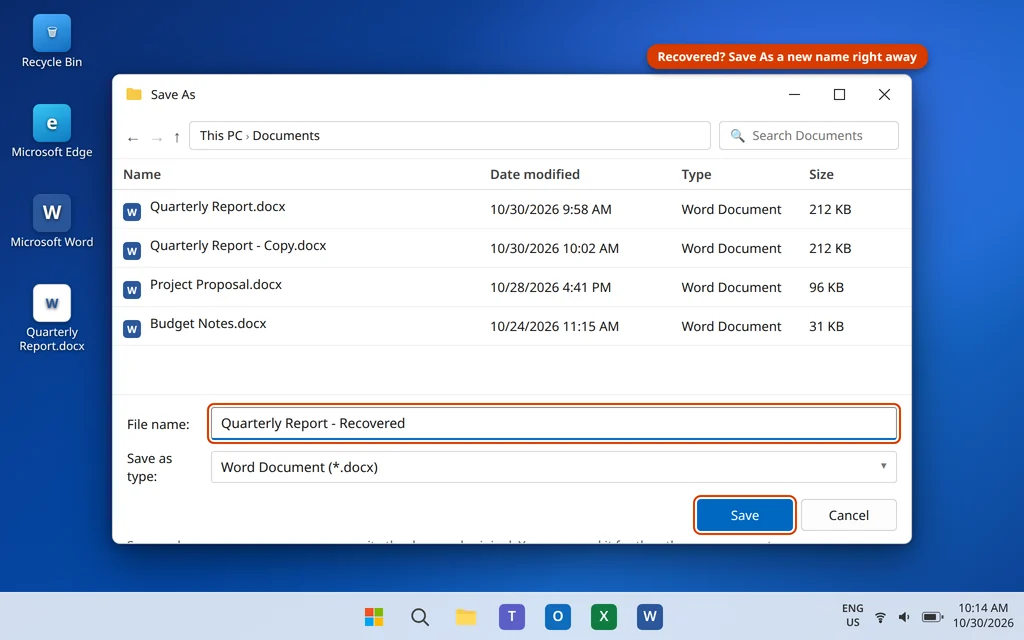 A recovered Word document being saved under a new name with Save As after clicking Yes on the unreadable content prompt